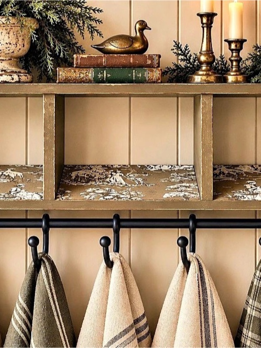 Distressed French Toile Wall Shelf w/hooks